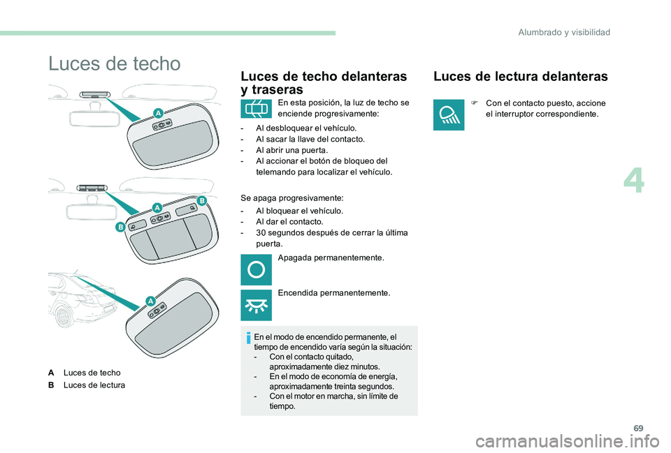Peugeot 301 2017  Manual del propietario (in Spanish) 69
Luces de techo
ALuces de techo
B Luces de lectura
Luces de techo delanteras 
y traseras
En el modo de encendido permanente, el 
tiempo de encendido varía según la situación:
-
 
C
 on el contact