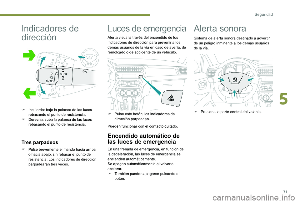 Peugeot 301 2017  Manual del propietario (in Spanish) 71
Indicadores de 
dirección
F Izquierda: baje la palanca de las luces rebasando el punto de resistencia.
F
 
D
 erecha: suba la palanca de las luces 
rebasando el punto de resistencia.
Tres parpadeo