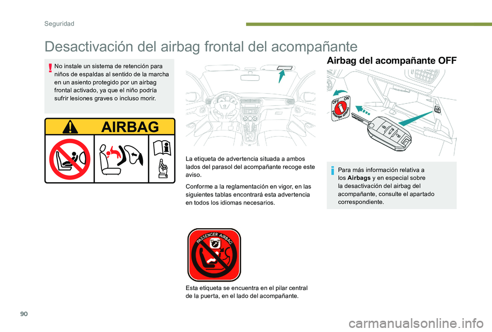 Peugeot 301 2017  Manual del propietario (in Spanish) 90
Desactivación del airbag frontal del acompañante
Airbag del acompañante OFFNo instale un sistema de retención para 
niños de espaldas al sentido de la marcha 
en un asiento protegido por un ai