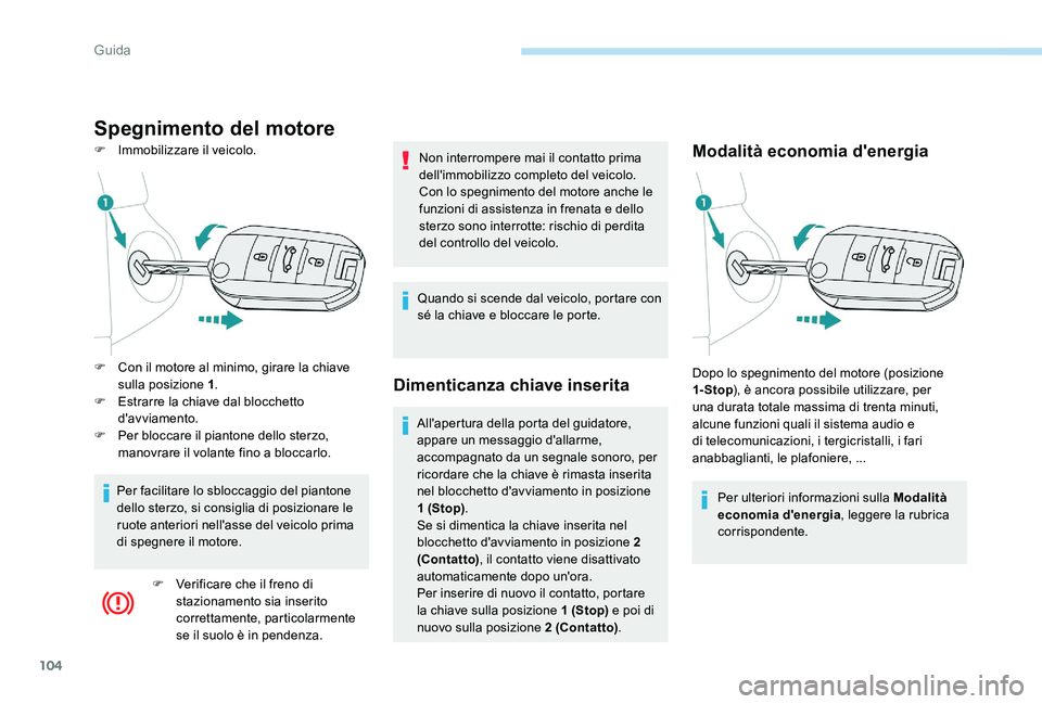 Peugeot 301 2017 Manuale del proprietario (in Italian) 104
Spegnimento del motore
F Immobilizzare il veicolo.Modalità economia d'energia
Per ulteriori informazioni sulla Modalità
economia d'energia, leggere la rubrica
corrispondente.
F
C
on Peugeot 301 2017 Manuale del proprietario (in Italian) 104
Spegnimento del motore
F Immobilizzare il veicolo.Modalità economia d'energia
Per ulteriori informazioni sulla Modalità
economia d'energia, leggere la rubrica
corrispondente.
F
C
on