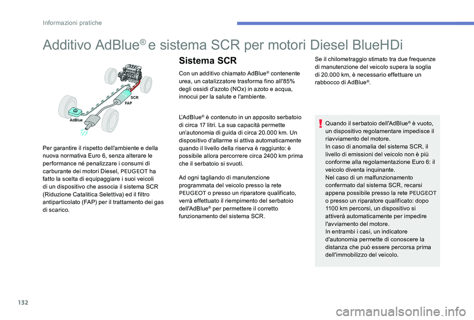 Peugeot 301 2017 Manuale del proprietario (in Italian) 132
Additivo AdBlue® e sistema SCR per motori Diesel BlueHDi
Con un additivo chiamato AdBlue® contenente
urea, un catalizzatore trasforma fino all'85%
degli ossidi d'azoto (NOx) in azoto e Peugeot 301 2017 Manuale del proprietario (in Italian) 132
Additivo AdBlue® e sistema SCR per motori Diesel BlueHDi
Con un additivo chiamato AdBlue® contenente
urea, un catalizzatore trasforma fino all'85%
degli ossidi d'azoto (NOx) in azoto e