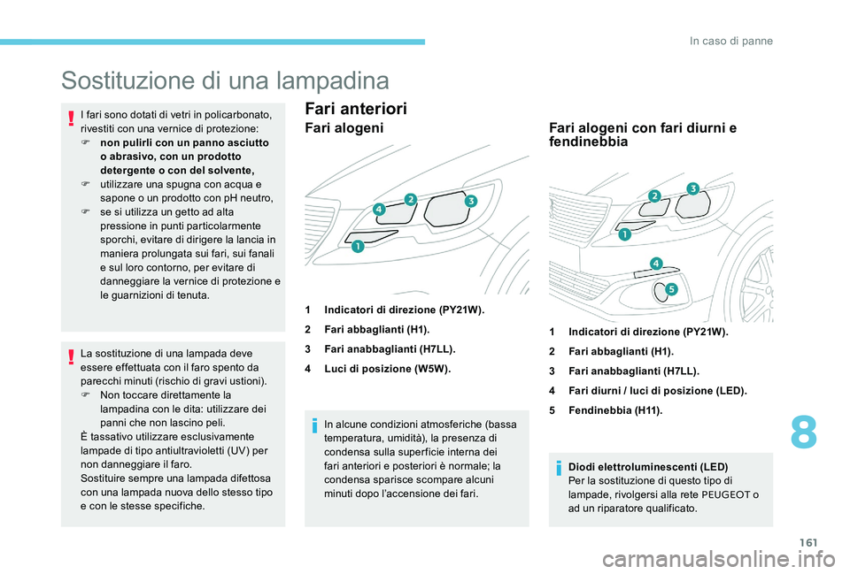 Peugeot 301 2017 Manuale del proprietario (in Italian) 161
Sostituzione di una lampadina
I fari sono dotati di vetri in policarbonato,
rivestiti con una vernice di protezione:
F
n
on pulirli con un panno asciutto
o abrasivo, con un prodotto
detergent Peugeot 301 2017 Manuale del proprietario (in Italian) 161
Sostituzione di una lampadina
I fari sono dotati di vetri in policarbonato,
rivestiti con una vernice di protezione:
F
n
on pulirli con un panno asciutto
o abrasivo, con un prodotto
detergent
