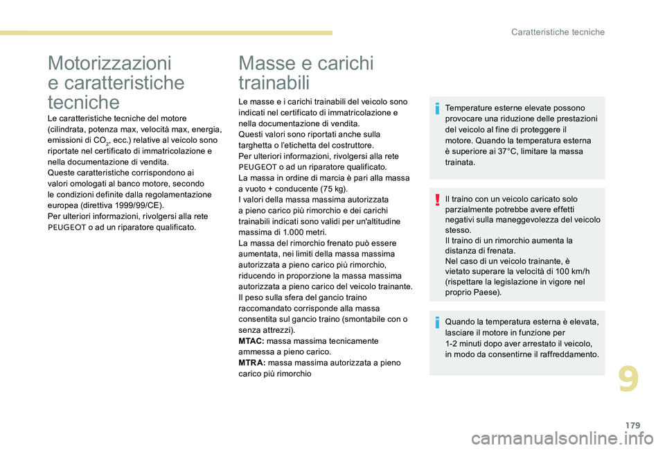 Peugeot 301 2017 Manuale del proprietario (in Italian) 179
Motorizzazioni
e caratteristiche
tecniche
Le caratteristiche tecniche del motore
(cilindrata, potenza max, velocità max, energia,
emissioni di CO
2, ecc.) relative al veicolo sono
riportate Peugeot 301 2017 Manuale del proprietario (in Italian) 179
Motorizzazioni
e caratteristiche
tecniche
Le caratteristiche tecniche del motore
(cilindrata, potenza max, velocità max, energia,
emissioni di CO
2, ecc.) relative al veicolo sono
riportate