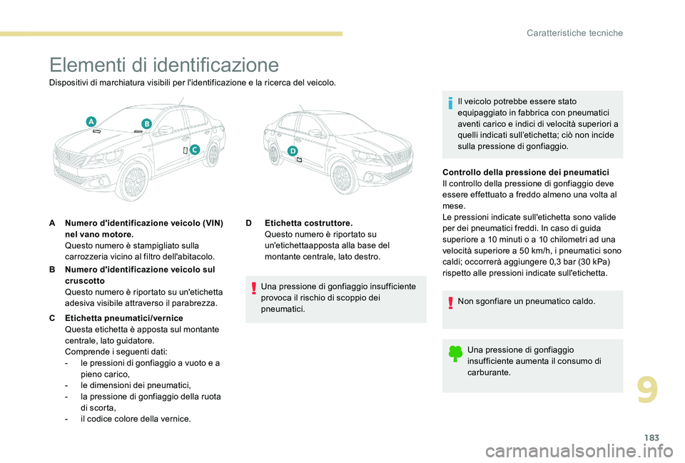 Peugeot 301 2017 Manuale del proprietario (in Italian) 183
Elementi di identificazione
Il veicolo potrebbe essere stato
equipaggiato in fabbrica con pneumatici
aventi carico e indici di velocità superiori a
quelli indicati sull’etichetta; ciò non i Peugeot 301 2017 Manuale del proprietario (in Italian) 183
Elementi di identificazione
Il veicolo potrebbe essere stato
equipaggiato in fabbrica con pneumatici
aventi carico e indici di velocità superiori a
quelli indicati sull’etichetta; ciò non i