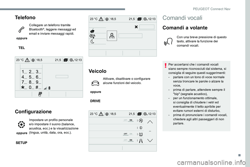 Peugeot 301 2017  Manuale del proprietario (in Italian) 5
12:13
18,5 21,5
23 °C
12:13
18,5 21,5
23 °C
12:13
18,5 21,5
23 °C
Telefono
 oppure  Collegare un telefono tramite 
Bluetooth
®, leggere messaggi ed 
email e inviare messaggi rapidi.
Configurazio