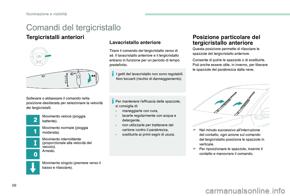 Peugeot 301 2017 Manuale del proprietario (in Italian) 68
Tergicristalli anteriori
Movimento veloce (pioggia
battente).
Movimento normale (pioggia
m o der at a).
Movimento intermittente
(proporzionale alla velocità del
ve i c o l o).
Arresto.
Solleva Peugeot 301 2017 Manuale del proprietario (in Italian) 68
Tergicristalli anteriori
Movimento veloce (pioggia
battente).
Movimento normale (pioggia
m o der at a).
Movimento intermittente
(proporzionale alla velocità del
ve i c o l o).
Arresto.
Solleva