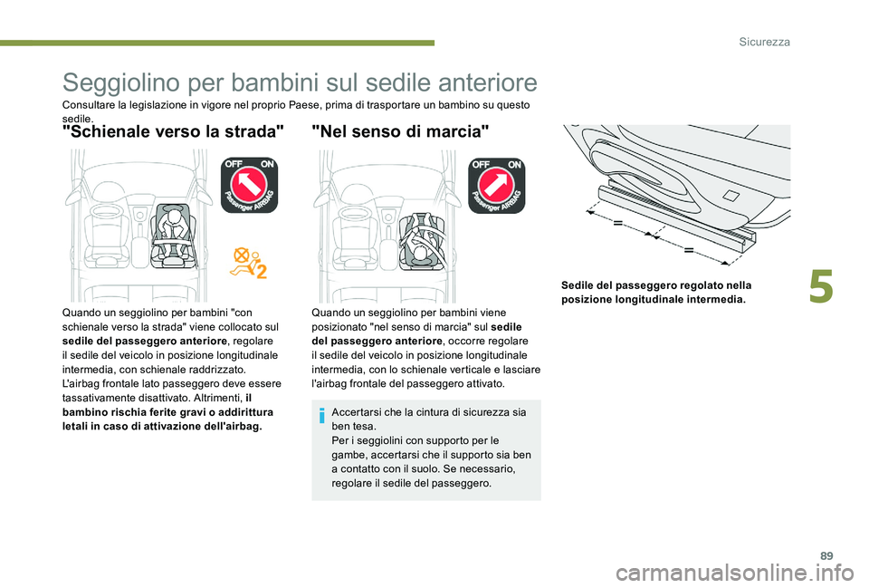 Peugeot 301 2017 Manuale del proprietario (in Italian) 89
Seggiolino per bambini sul sedile anteriore
Consultare la legislazione in vigore nel proprio Paese, prima di trasportare un bambino su questo
sedile.
"Schienale verso la strada" "Nel s Peugeot 301 2017 Manuale del proprietario (in Italian) 89
Seggiolino per bambini sul sedile anteriore
Consultare la legislazione in vigore nel proprio Paese, prima di trasportare un bambino su questo
sedile.
"Schienale verso la strada" "Nel s