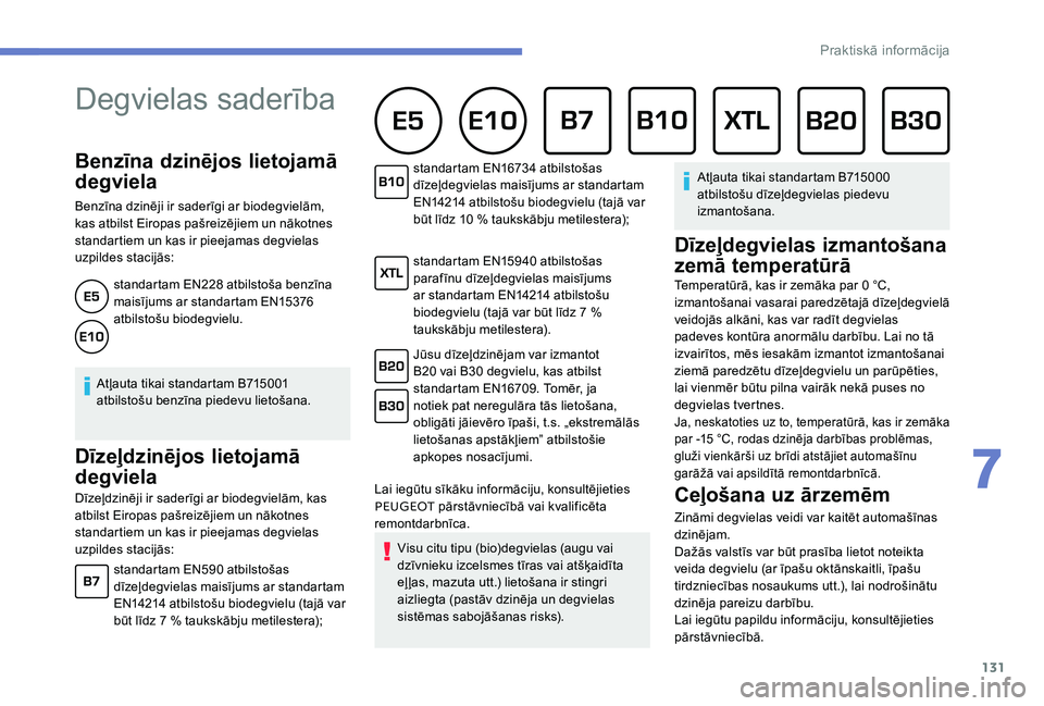Peugeot 301 2017  Īpašnieka rokasgrāmata (in Latvian) 131
Benzīna dzinējos lietojamā 
degviela
Benzīna dzinēji ir saderīgi ar biodegvielām, 
kas atbilst Eiropas pašreizējiem un nākotnes 
standartiem un kas ir pieejamas degvielas 
uzpildes staci