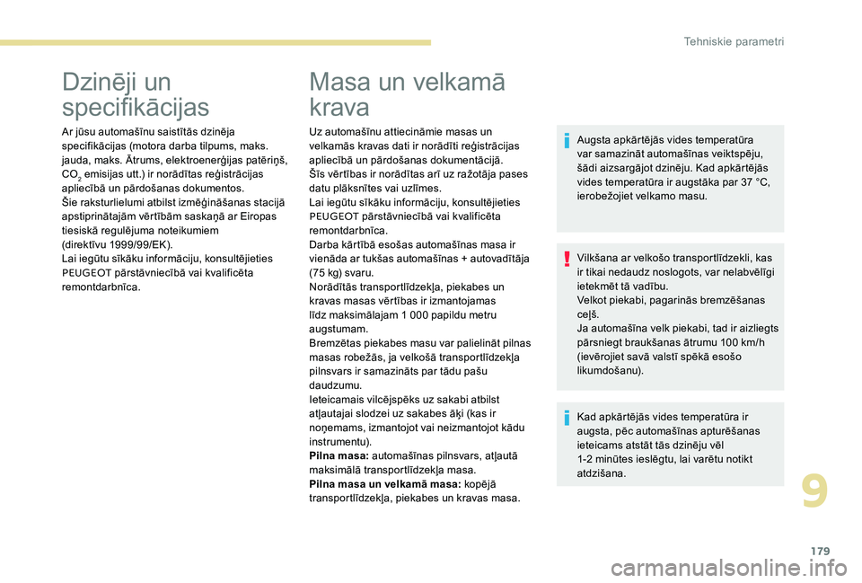 Peugeot 301 2017  Īpašnieka rokasgrāmata (in Latvian) 179
Dzinēji un 
specifikācijas
Ar jūsu automašīnu saistītās dzinēja 
specifikācijas (motora darba tilpums, maks. 
jauda, maks. Ātrums, elektroenerģijas patēriņš, 
CO
2 emisijas utt.) ir 