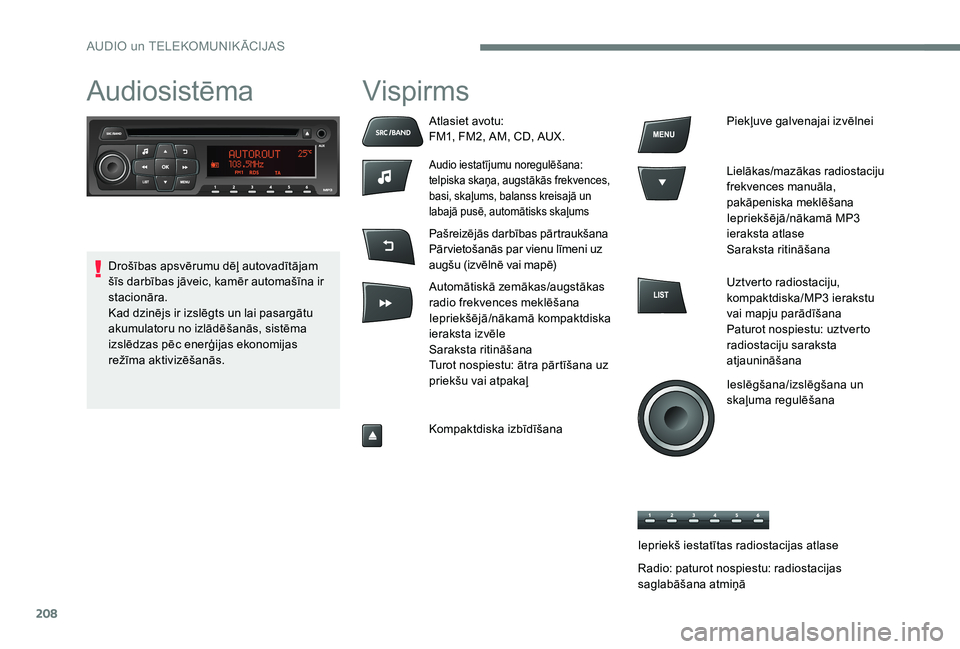 Peugeot 301 2017  Īpašnieka rokasgrāmata (in Latvian) 208
AudiosistēmaVispirms
Atlasiet avotu:
FM1, FM2, AM, CD, AUX.
Audio iestatījumu noregulēšana:
telpiska skaņa, augstākās frekvences, 
basi, skaļums, balanss kreisajā un 
labajā pusē, autom