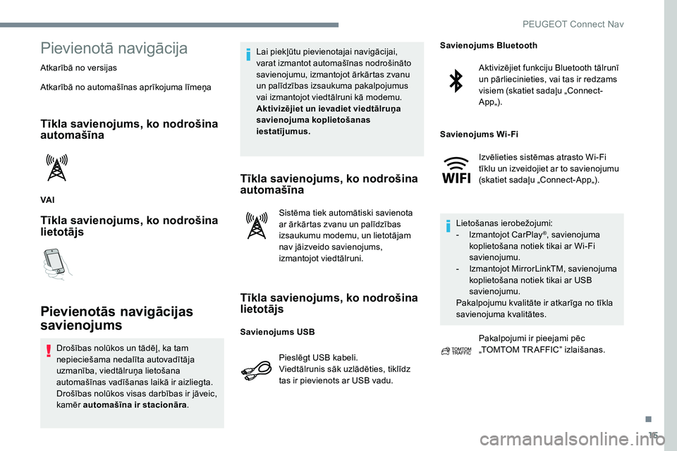 Peugeot 301 2017 Īpašnieka rokasgrāmata (in Latvian) 15
Pievienotā navigācija
Atkarībā no versijas
Atkarībā no automašīnas aprīkojuma līmeņa
Tīkla savienojums, ko nodrošina
automašīna
VA I
Tīkla savienojums, ko nodrošina
lietotājs
Pi Peugeot 301 2017 Īpašnieka rokasgrāmata (in Latvian) 15
Pievienotā navigācija
Atkarībā no versijas
Atkarībā no automašīnas aprīkojuma līmeņa
Tīkla savienojums, ko nodrošina
automašīna
VA I
Tīkla savienojums, ko nodrošina
lietotājs
Pi
