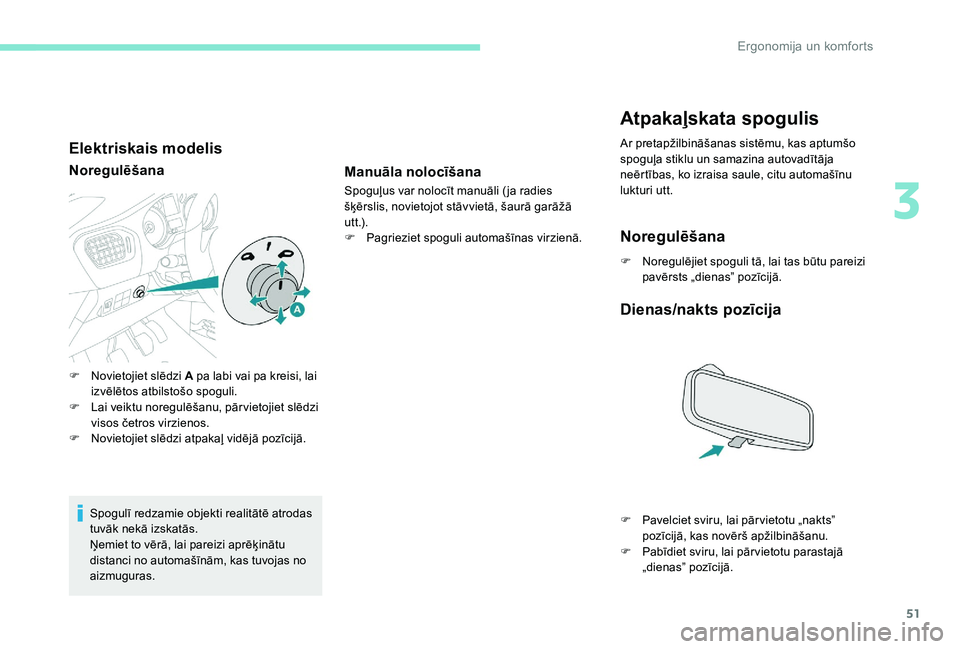 Peugeot 301 2017 Īpašnieka rokasgrāmata (in Latvian) 51
Elektriskais modelis
Noregulēšana
Spogulī redzamie objekti realitātē atrodas
tuvāk nekā izskatās.
Ņemiet to vērā, lai pareizi aprēķinātu
distanci no automašīnām, kas tuvojas no
Peugeot 301 2017 Īpašnieka rokasgrāmata (in Latvian) 51
Elektriskais modelis
Noregulēšana
Spogulī redzamie objekti realitātē atrodas
tuvāk nekā izskatās.
Ņemiet to vērā, lai pareizi aprēķinātu
distanci no automašīnām, kas tuvojas no