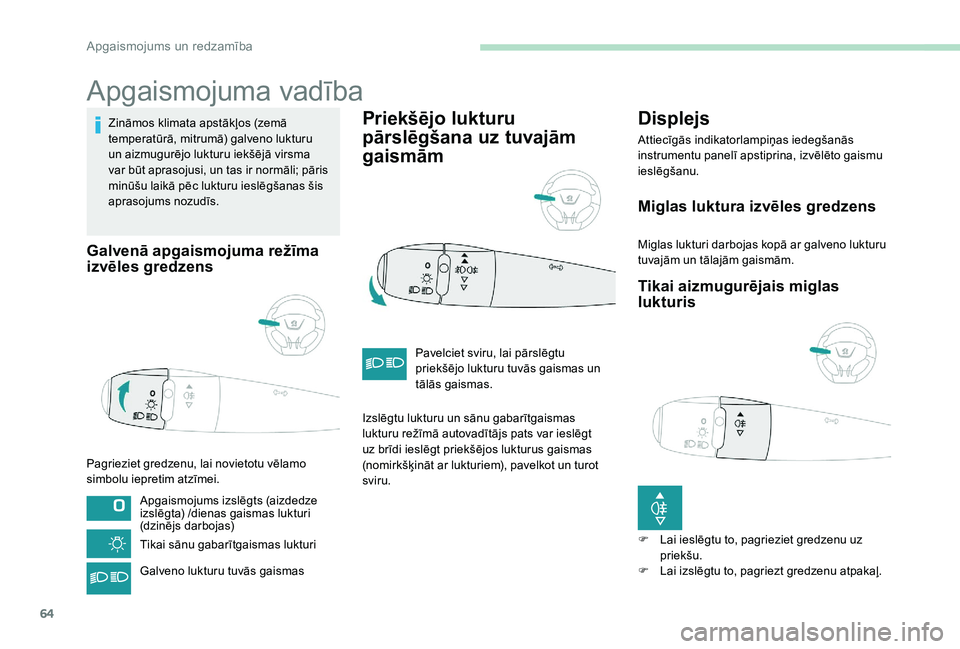 Peugeot 301 2017 Īpašnieka rokasgrāmata (in Latvian) 64
Apgaismojuma vadība
Zināmos klimata apstākļos (zemā
temperatūrā, mitrumā) galveno lukturu
un aizmugurējo lukturu iekšējā virsma
var būt aprasojusi, un tas ir normāli; pāris
minū Peugeot 301 2017 Īpašnieka rokasgrāmata (in Latvian) 64
Apgaismojuma vadība
Zināmos klimata apstākļos (zemā
temperatūrā, mitrumā) galveno lukturu
un aizmugurējo lukturu iekšējā virsma
var būt aprasojusi, un tas ir normāli; pāris
minū