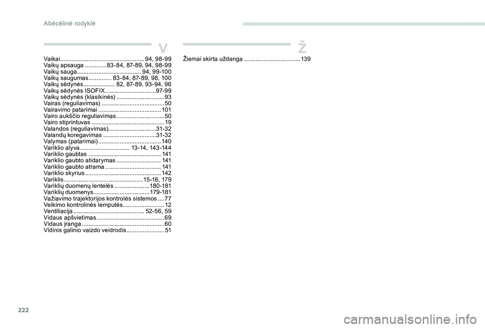 Peugeot 301 2017  Savininko vadovas (in Lithuanian) 222
VŽŽiemai skirta uždanga ..................................13 9
Vaikai ................................................... 9
4, 98 -99
Vaikų apsauga
 .............8
3 - 84, 87- 89, 94, 98 -99
V
