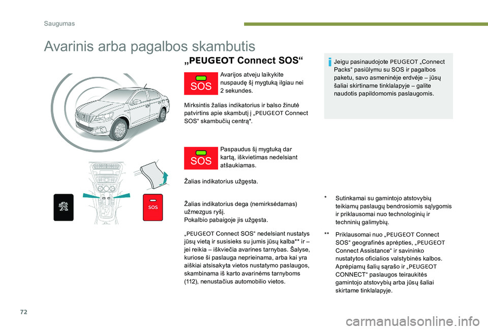 Peugeot 301 2017  Savininko vadovas (in Lithuanian) 72
Avarinis arba pagalbos skambutis
„PEUGEOT  Connect SOS“
* Sutinkamai su gamintojo atstovybių 
teikiamų paslaugų bendrosiomis sąlygomis 
ir priklausomai nuo technologinių ir 
techninių gal