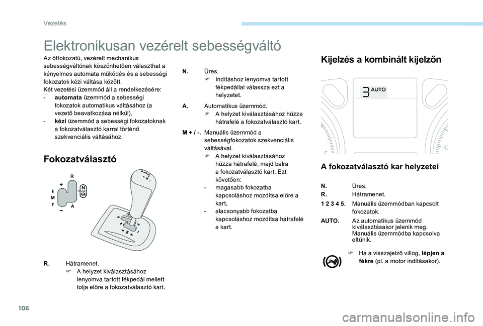 Peugeot 301 2017 Kezelési útmutató (in Hungarian) 106
Elektronikusan vezérelt sebességváltó
Az ötfokozatú, vezérelt mechanikus
sebességváltónak köszönhetően választhat a
kényelmes automata működés és a sebességi
fokozatok kézi Peugeot 301 2017 Kezelési útmutató (in Hungarian) 106
Elektronikusan vezérelt sebességváltó
Az ötfokozatú, vezérelt mechanikus
sebességváltónak köszönhetően választhat a
kényelmes automata működés és a sebességi
fokozatok kézi