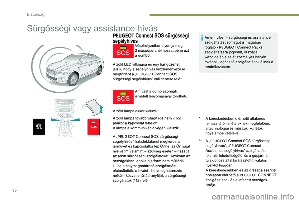 Peugeot 301 2017 Kezelési útmutató (in Hungarian) 72
Sürgősségi vagy assistance hívás
PEUGEOT Connect SOS sürgősségi
segélyhívás
* A kereskedésben elérhető általános
felhasználói feltételeknek megfelelően,
a technológiai és m Peugeot 301 2017 Kezelési útmutató (in Hungarian) 72
Sürgősségi vagy assistance hívás
PEUGEOT Connect SOS sürgősségi
segélyhívás
* A kereskedésben elérhető általános
felhasználói feltételeknek megfelelően,
a technológiai és m