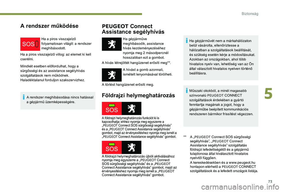 Peugeot 301 2017 Kezelési útmutató (in Hungarian) 73
A rendszer működésePEUGEOT Connect
Assistance segélyhívás
Ha a piros visszajelző
folyamatosan világít: a rendszer
meghibásodott.
Ha a piros visszajelző villog: az elemet ki kell
cser Peugeot 301 2017 Kezelési útmutató (in Hungarian) 73
A rendszer működésePEUGEOT Connect
Assistance segélyhívás
Ha a piros visszajelző
folyamatosan világít: a rendszer
meghibásodott.
Ha a piros visszajelző villog: az elemet ki kell
cser
