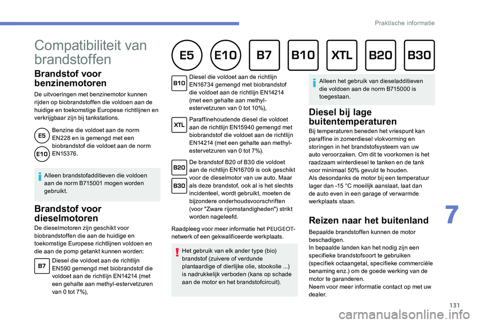 Peugeot 301 2017  Handleiding (in Dutch) 131
Brandstof voor 
benzinemotoren
De uitvoeringen met benzinemotor kunnen 
rijden op biobrandstoffen die voldoen aan de 
huidige en toekomstige Europese richtlijnen en 
verkrijgbaar zijn bij tankstat