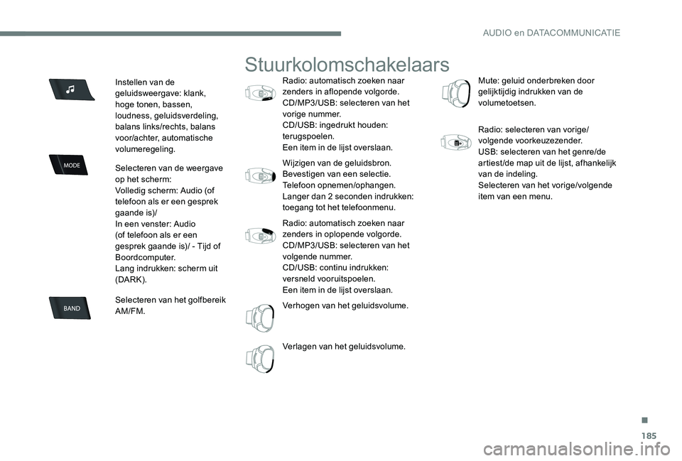 Peugeot 301 2017 Handleiding (in Dutch) 185
Instellen van de
geluidsweergave: klank,
hoge tonen, bassen,
loudness, geluidsverdeling,
balans links/rechts, balans
voor/achter, automatische
volumeregeling.
Selecteren van de weergave
op Peugeot 301 2017 Handleiding (in Dutch) 185
Instellen van de
geluidsweergave: klank,
hoge tonen, bassen,
loudness, geluidsverdeling,
balans links/rechts, balans
voor/achter, automatische
volumeregeling.
Selecteren van de weergave
op