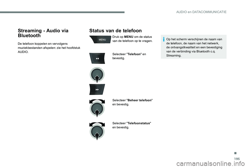 Peugeot 301 2017  Handleiding (in Dutch) 195
Status van de telefoon
Druk op MENU om de status 
van de telefoon op te vragen.
Selecteer " Telefoon" en 
bevestig.
Selecteer " Beheer telefoon " 
en bevestig.
Selecteer " Tele