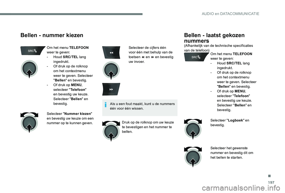 Peugeot 301 2017 Handleiding (in Dutch) 197
Bellen - nummer kiezen
Om het menu TELEFOON
weer te geven:
-
Houd SRC/TEL lang
ingedrukt.
-
O
f druk op de rolknop
om het contextmenu
weer te geven. Selecteer
" Bellen " en bev Peugeot 301 2017 Handleiding (in Dutch) 197
Bellen - nummer kiezen
Om het menu TELEFOON
weer te geven:
-
Houd SRC/TEL lang
ingedrukt.
-
O
f druk op de rolknop
om het contextmenu
weer te geven. Selecteer
" Bellen " en bev