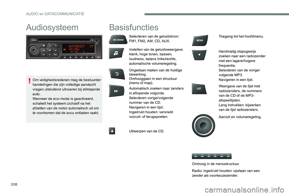 Peugeot 301 2017 Handleiding (in Dutch) 208
AudiosysteemBasisfuncties
Selecteren van de geluidsbron:
FM1, FM2, AM, CD, AUX.
Instellen van de geluidsweergave:
klank, hoge tonen, bassen,
loudness, balans links/rechts,
automatische volumereg Peugeot 301 2017 Handleiding (in Dutch) 208
AudiosysteemBasisfuncties
Selecteren van de geluidsbron:
FM1, FM2, AM, CD, AUX.
Instellen van de geluidsweergave:
klank, hoge tonen, bassen,
loudness, balans links/rechts,
automatische volumereg