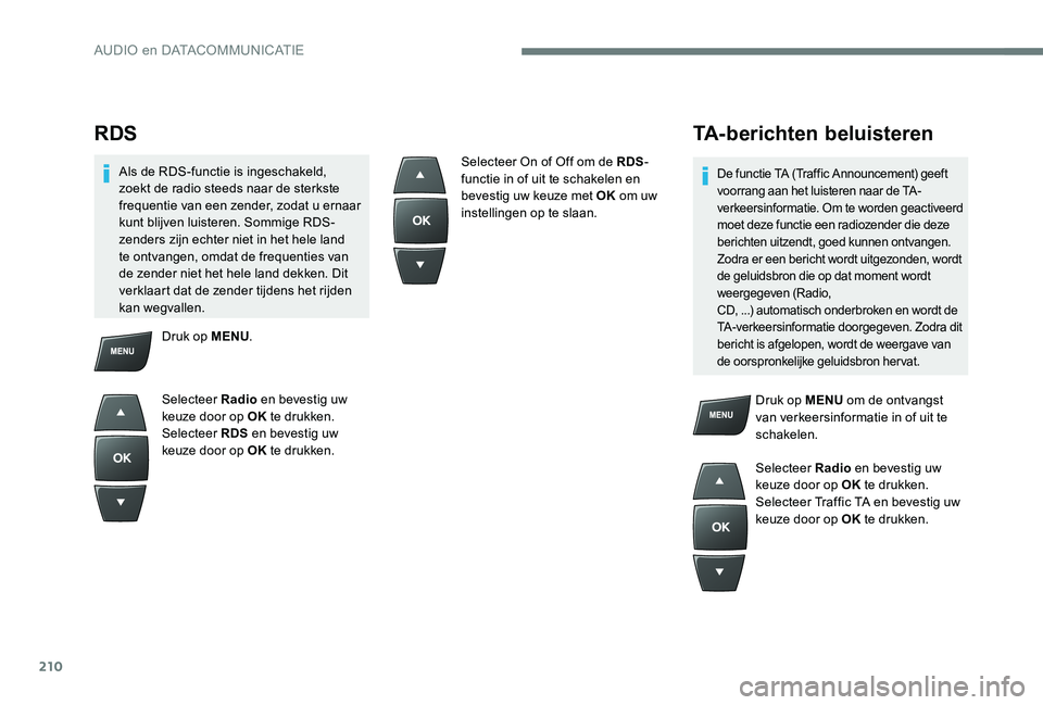 Peugeot 301 2017 Handleiding (in Dutch) 210
RDS
Als de RDS-functie is ingeschakeld,
zoekt de radio steeds naar de sterkste
frequentie van een zender, zodat u ernaar
kunt blijven luisteren. Sommige RDS-
zenders zijn echter niet in het hel Peugeot 301 2017 Handleiding (in Dutch) 210
RDS
Als de RDS-functie is ingeschakeld,
zoekt de radio steeds naar de sterkste
frequentie van een zender, zodat u ernaar
kunt blijven luisteren. Sommige RDS-
zenders zijn echter niet in het hel