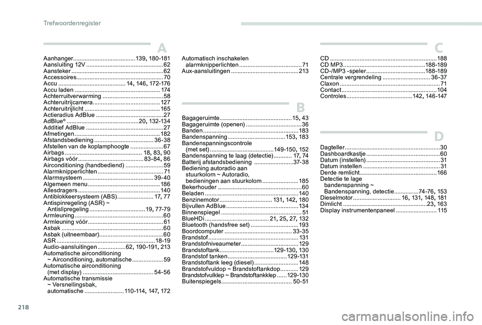 Peugeot 301 2017 Handleiding (in Dutch) 218
Aanhanger...................................... 13 9, 18 0 -181
Aansluiting 12V ............................................... 62
Aansteker
................................................... Peugeot 301 2017 Handleiding (in Dutch) 218
Aanhanger...................................... 13 9, 18 0 -181
Aansluiting 12V ............................................... 62
Aansteker
...................................................