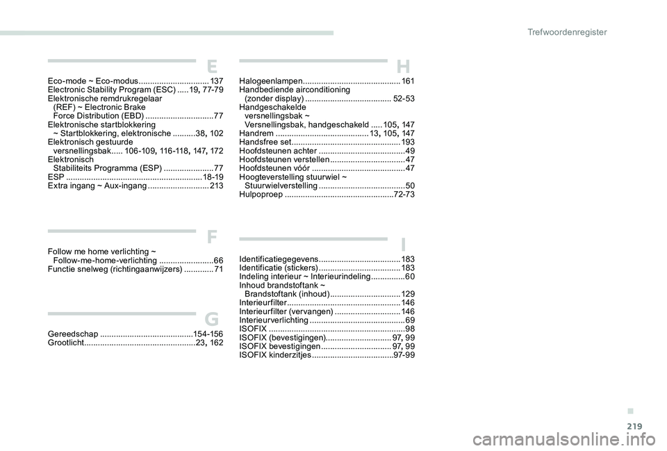 Peugeot 301 2017 Handleiding (in Dutch) 219
Eco-mode ~ Eco-modus ...............................137
Electronic Stability Program (ESC) .....19, 7 7-79
Elektronische remdrukregelaar (REF) ~ Electronic Brake
Force Distribution (EBD)
.. Peugeot 301 2017 Handleiding (in Dutch) 219
Eco-mode ~ Eco-modus ...............................137
Electronic Stability Program (ESC) .....19, 7 7-79
Elektronische remdrukregelaar (REF) ~ Electronic Brake
Force Distribution (EBD)
..