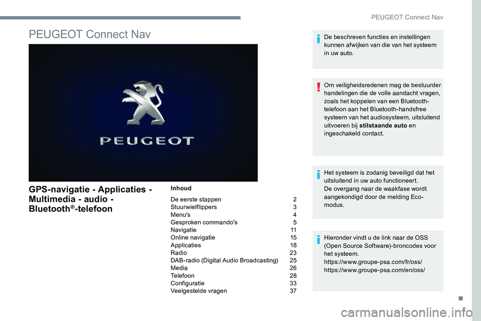 Peugeot 301 2017 Handleiding (in Dutch) 1
PEUGEOT Connect Nav
GPS-navigatie - Applicaties -
Multimedia - audio -
Bluetooth
®-telefoon
Inhoud
De eerste stappen
2
St
uurwielflippers
3
M
enu's
4
G
esproken commando's
Peugeot 301 2017 Handleiding (in Dutch) 1
PEUGEOT Connect Nav
GPS-navigatie - Applicaties -
Multimedia - audio -
Bluetooth
®-telefoon
Inhoud
De eerste stappen
2
St
uurwielflippers
3
M
enu's
4
G
esproken commando's