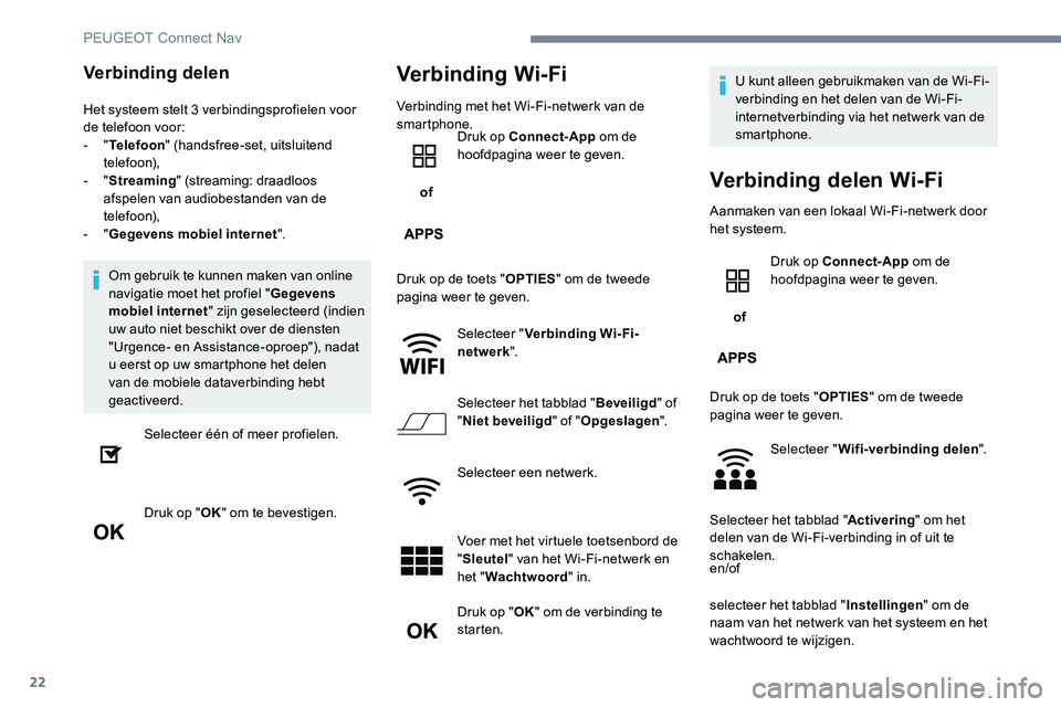 Peugeot 301 2017  Handleiding (in Dutch) 22
Verbinding delen
Het systeem stelt 3 verbindingsprofielen voor 
de telefoon voor:
-  "Telefoon " (handsfree-set, uitsluitend 
telefoon),
-
  "Streaming " (streaming: draadloos 
afsp