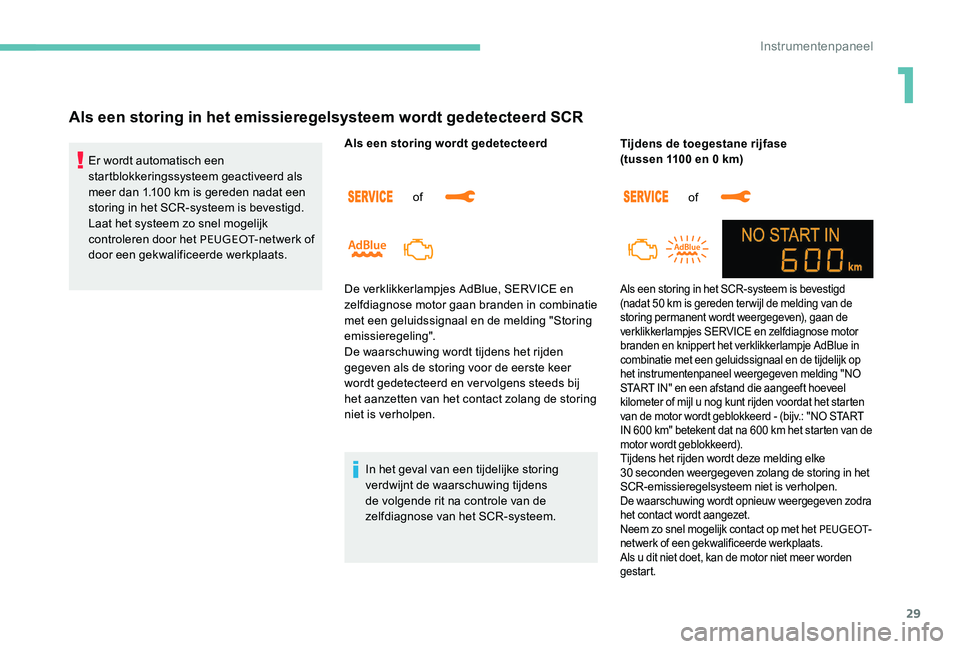 Peugeot 301 2017 Handleiding (in Dutch) 29
Als een storing in het emissieregelsysteem wordt gedetecteerd SCR
Er wordt automatisch een
startblokkeringssysteem geactiveerd als
meer dan 1.100 km is gereden nadat een
storing in het SCR-syst Peugeot 301 2017 Handleiding (in Dutch) 29
Als een storing in het emissieregelsysteem wordt gedetecteerd SCR
Er wordt automatisch een
startblokkeringssysteem geactiveerd als
meer dan 1.100 km is gereden nadat een
storing in het SCR-syst
