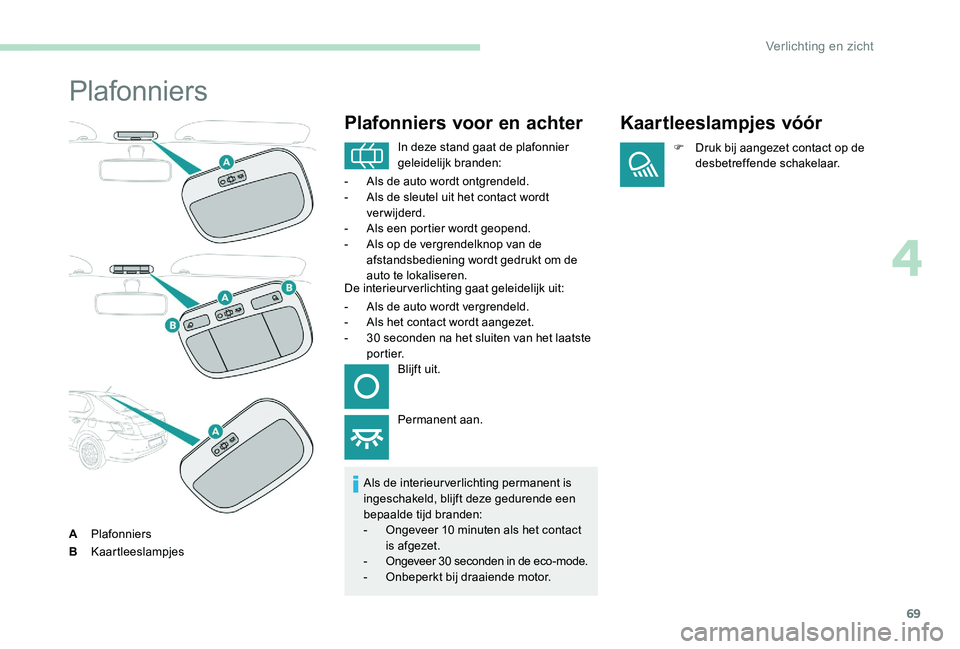 Peugeot 301 2017  Handleiding (in Dutch) 69
Plafonniers
APlafonniers
B Kaartleeslampjes
Plafonniers voor en achter
Als de interieurverlichting permanent is 
ingeschakeld, blijft deze gedurende een 
bepaalde tijd branden:
-
 
O
 ngeveer 10 mi