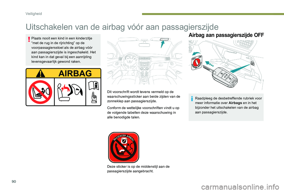 Peugeot 301 2017  Handleiding (in Dutch) 90
Uitschakelen van de airbag vóór aan passagierszijde
Airbag aan passagierszijde OFFPlaats nooit een kind in een kinderzitje 
“met de rug in de rijrichting” op de 
voorpassagiersstoel als de ai