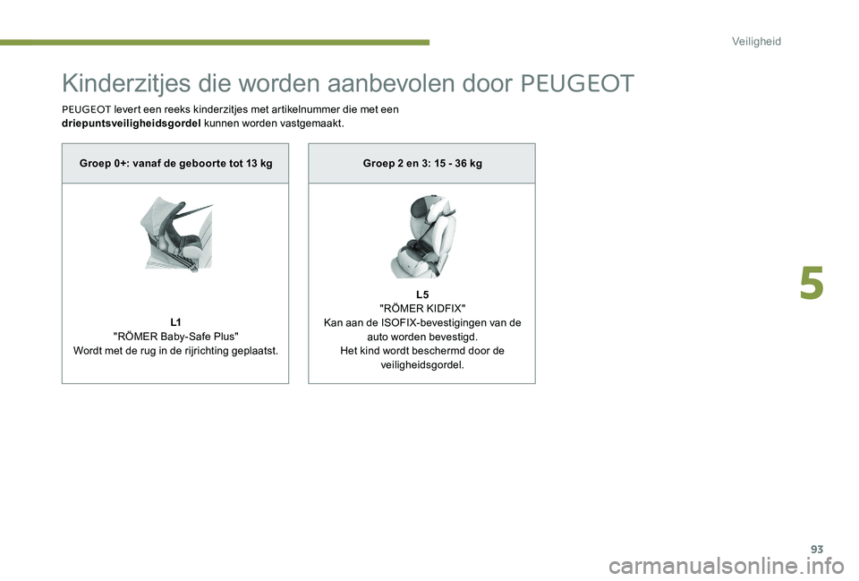 Peugeot 301 2017  Handleiding (in Dutch) 93
Kinderzitjes die worden aanbevolen door PEUGEOT
PEUGEOT levert een reeks kinderzitjes met artikelnummer die met een 
driepuntsveiligheidsgordel  kunnen worden vastgemaakt.
Groep 0+: vanaf de geboor
