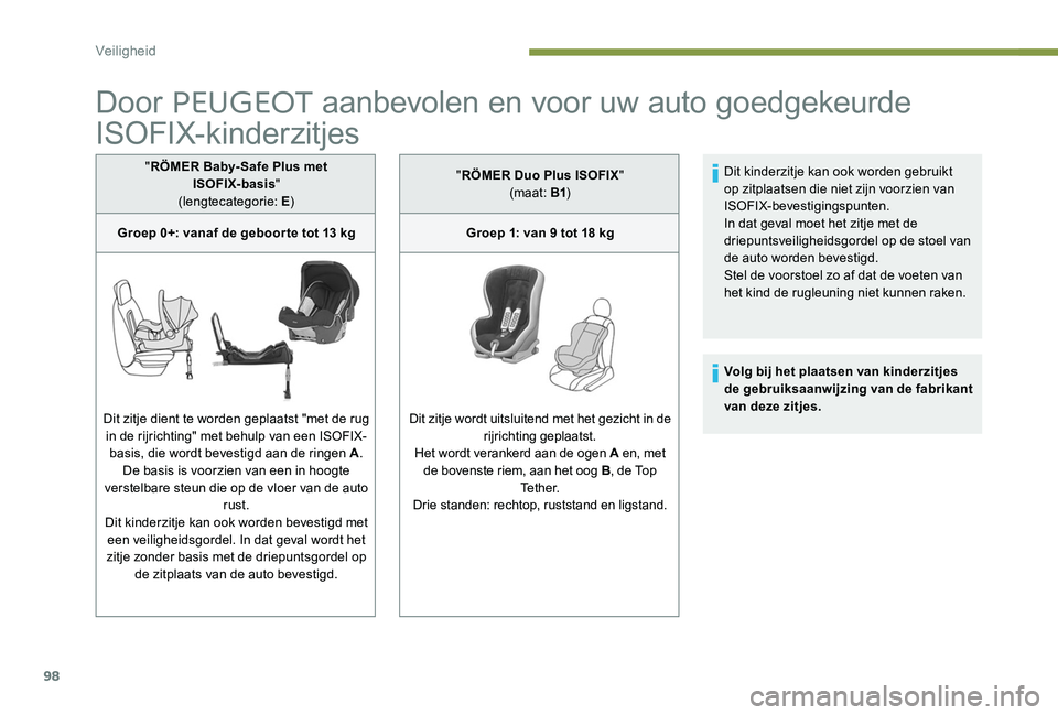 Peugeot 301 2017  Handleiding (in Dutch) 98
Door PEUGEOT aanbevolen en voor uw auto goedgekeurde 
ISOFIX-kinderzitjes
" RÖMER Baby- Safe Plus met  
ISOFIX-basis "
(lengtecategorie: E )
Groep 0+: vanaf de geboor te tot 13
  kg
Dit zi