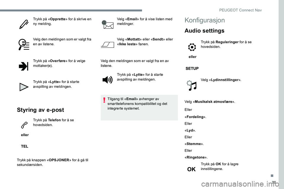 Peugeot 301 2017  Brukerhåndbok (in Norwegian) 33
Trykk på «Opprette» for å skrive en 
ny melding.
Velg den meldingen som er valgt fra 
en av listene.
Trykk på « Over føre» for å velge 
m ot t a ke r (e).
Trykk på « Ly t t e» for å st