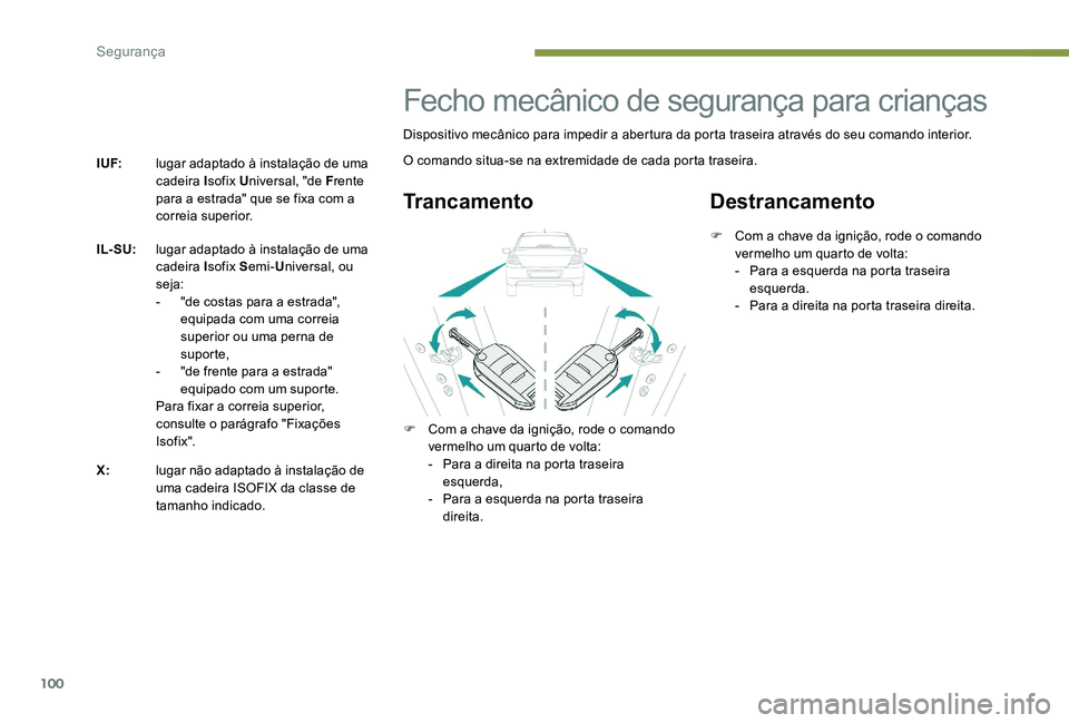 Peugeot 301 2017 Manual do proprietário (in Portuguese) 100
I UF:lugar adaptado à instalação de uma
cadeira Isofix Universal, "de F rente
para a estrada" que se fixa com a
correia superior.
IL- SU: lugar adaptado à instalação de uma
cadei Peugeot 301 2017 Manual do proprietário (in Portuguese) 100
I UF:lugar adaptado à instalação de uma
cadeira Isofix Universal, "de F rente
para a estrada" que se fixa com a
correia superior.
IL- SU: lugar adaptado à instalação de uma
cadei