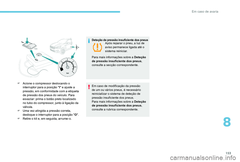 Peugeot 301 2017  Manual do proprietário (in Portuguese) 153
F Acione o compressor deslocando o interruptor para a posição " I" e ajuste a 
pressão, em conformidade com a etiqueta 
de pressão dos pneus do veículo. Para 
esvaziar: prima o botão