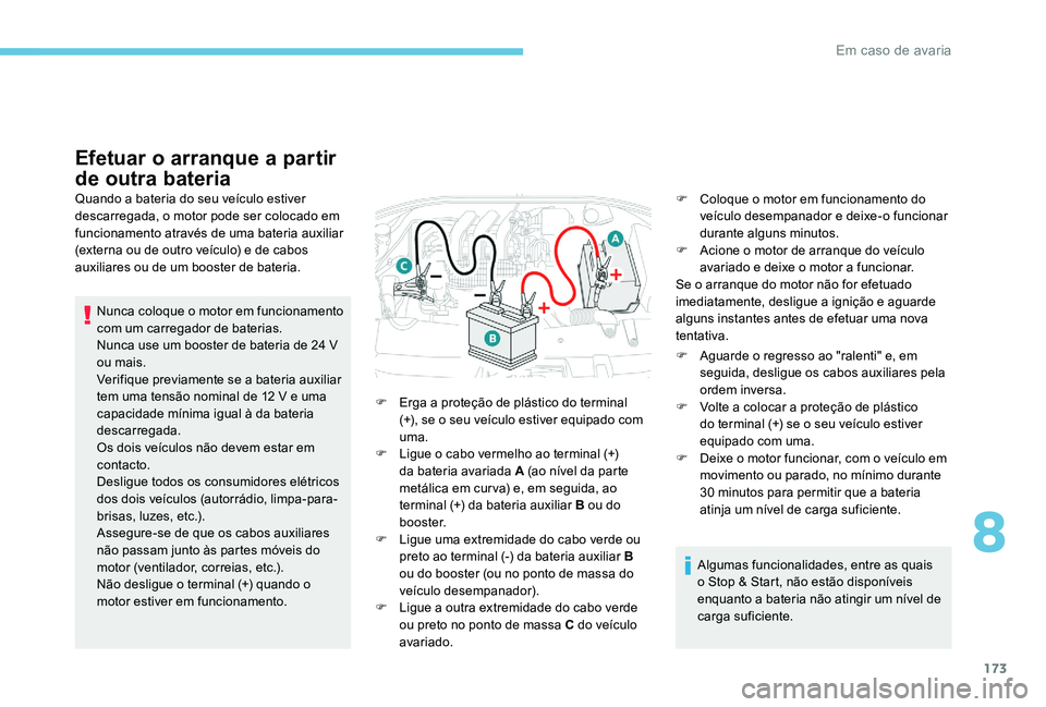 Peugeot 301 2017  Manual do proprietário (in Portuguese) 173
Efetuar o arranque a partir 
de outra bateria
Quando a bateria do seu veículo estiver 
descarregada, o motor pode ser colocado em 
funcionamento através de uma bateria auxiliar 
(externa ou de o