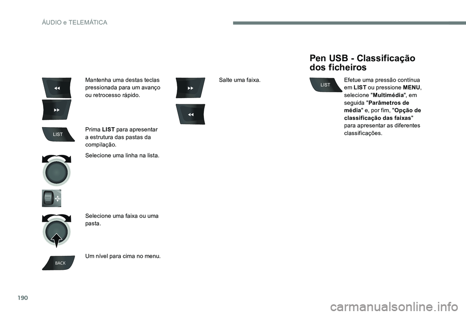 Peugeot 301 2017  Manual do proprietário (in Portuguese) 190
BACK
Mantenha uma destas teclas 
pressionada para um avanço 
ou retrocesso rápido.
Prima LIST  para apresentar 
a estrutura das pastas da 
compilação.
Selecione uma linha na lista.
Selecione u