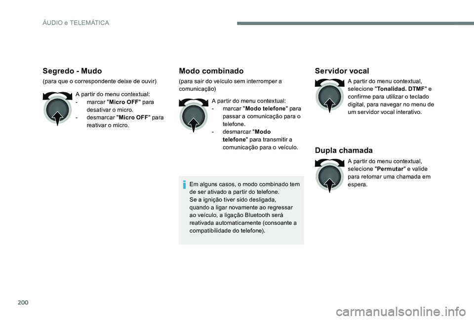 Peugeot 301 2017  Manual do proprietário (in Portuguese) 200
Segredo - Mudo
(para que o correspondente deixe de ouvir)A partir do menu contextual:
-
 
m
 arcar "Micro OFF " para 
desativar o micro.
-
 d

esmarcar "Micro OFF " para 
reativar 
