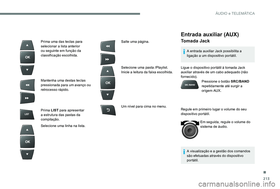 Peugeot 301 2017  Manual do proprietário (in Portuguese) 213
Entrada auxiliar (AUX)
Tomada Jack
A entrada auxiliar Jack possibilita a 
ligação a um dispositivo portátil.
A visualização e a gestão dos comandos 
são efetuadas através do dispositivo 
p