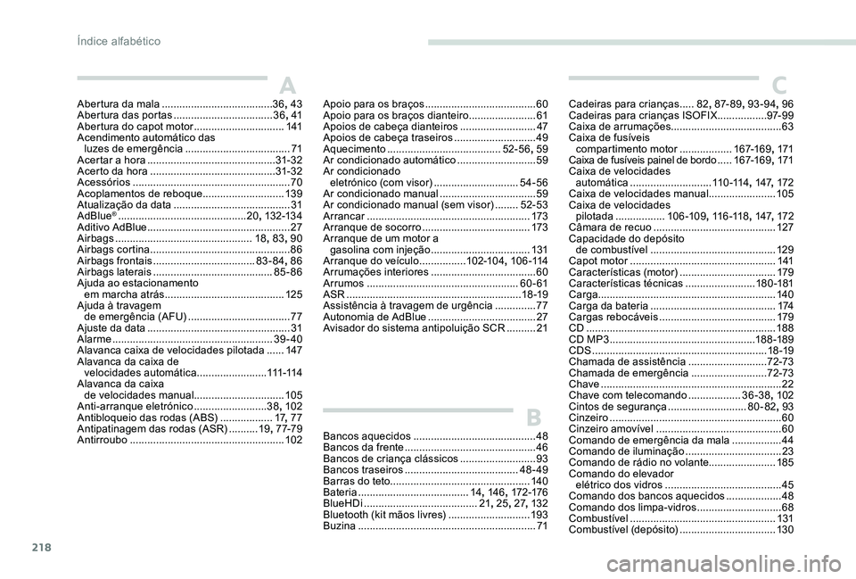 Peugeot 301 2017  Manual do proprietário (in Portuguese) 218
Abertura da mala ......................................36,  43
Abertura das portas .................................. 36, 
41
Abertura do capot motor
  ...............................141
Acendimen
