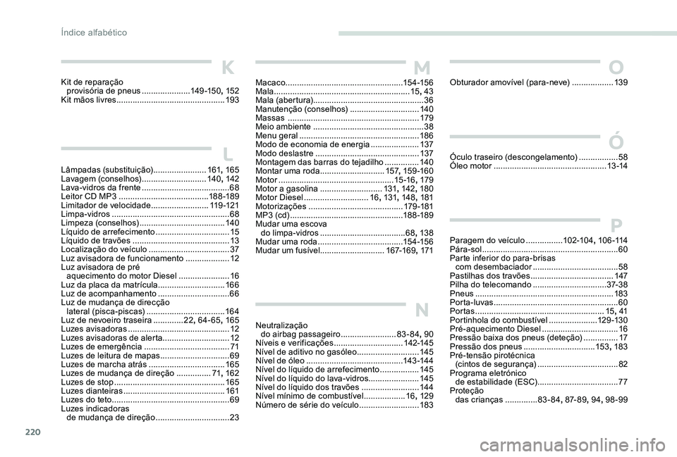 Peugeot 301 2017 Manual do proprietário (in Portuguese) 220
Macaco ................................................... 15 4 -15 6
Mala ........................................................... 15, 43
Mala (abertura) ..................................... Peugeot 301 2017 Manual do proprietário (in Portuguese) 220
Macaco ................................................... 15 4 -15 6
Mala ........................................................... 15, 43
Mala (abertura) .....................................
