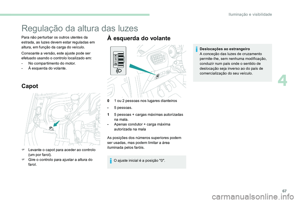 Peugeot 301 2017  Manual do proprietário (in Portuguese) 67
Regulação da altura das luzes
Para não perturbar os outros utentes da 
estrada, as luzes devem estar reguladas em 
altura, em função da carga do veículo.
Consoante a versão, este ajuste pode