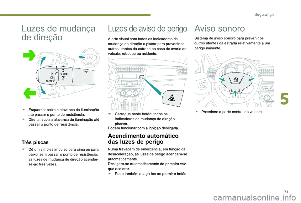 Peugeot 301 2017 Manual do proprietário (in Portuguese) 71
Luzes de mudança
de direção
F Esquerda: baixe a alavanca de iluminação até passar o ponto de resistência.
F
D
ireita: suba a alavanca de iluminação até
passar o ponto de resistência Peugeot 301 2017 Manual do proprietário (in Portuguese) 71
Luzes de mudança
de direção
F Esquerda: baixe a alavanca de iluminação até passar o ponto de resistência.
F
D
ireita: suba a alavanca de iluminação até
passar o ponto de resistência