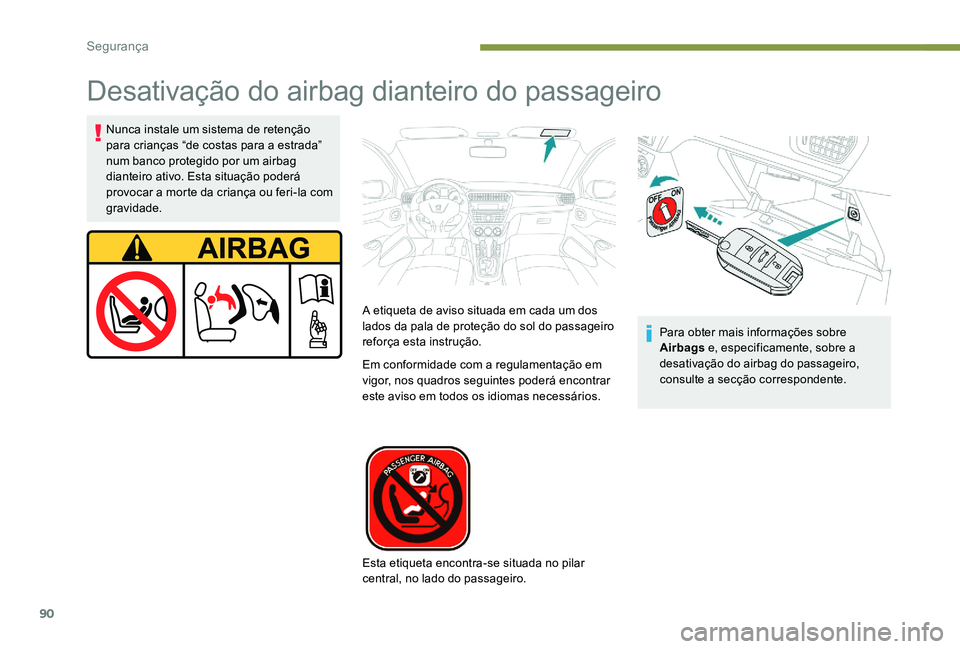 Peugeot 301 2017  Manual do proprietário (in Portuguese) 90
Desativação do airbag dianteiro do passageiro
Nunca instale um sistema de retenção 
para crianças “de costas para a estrada” 
num banco protegido por um airbag 
dianteiro ativo. Esta situa