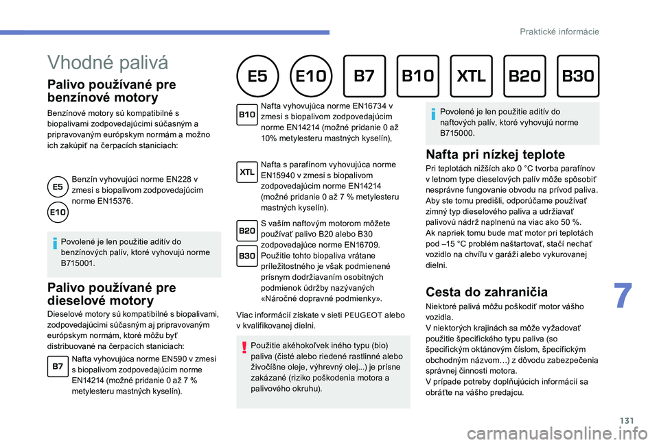 Peugeot 301 2017 Užívateľská príručka (in Slovak) 131
Palivo používané pre
benzínové motory
Benzínové motory sú kompatibilné s
biopalivami zodpovedajúcimi súčasným a
pripravovaným európskym normám a možno
ich zakúpiť na čerpac Peugeot 301 2017 Užívateľská príručka (in Slovak) 131
Palivo používané pre
benzínové motory
Benzínové motory sú kompatibilné s
biopalivami zodpovedajúcimi súčasným a
pripravovaným európskym normám a možno
ich zakúpiť na čerpac